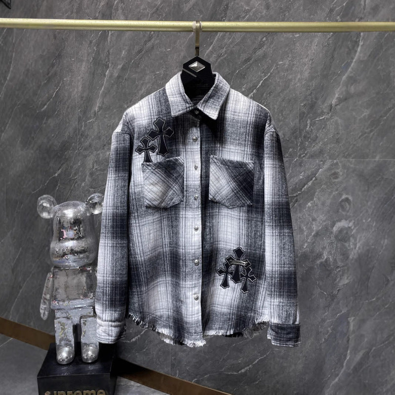 New Chrome Hearts Leather embroidered loose vintage long sleeve men's and women's wash plaid shirt
