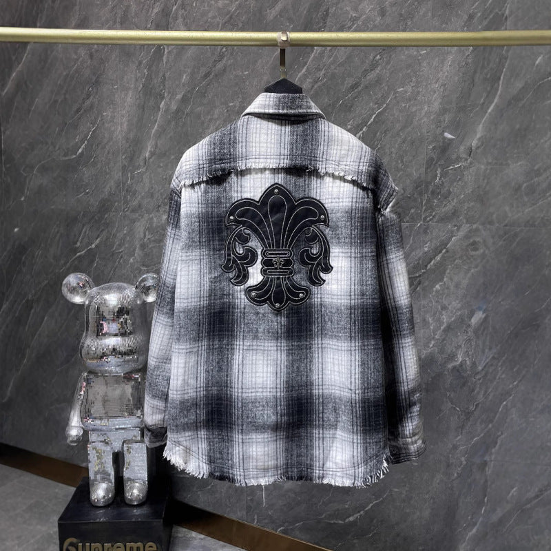 New Chrome Hearts Leather embroidered loose vintage long sleeve men's and women's wash plaid shirt