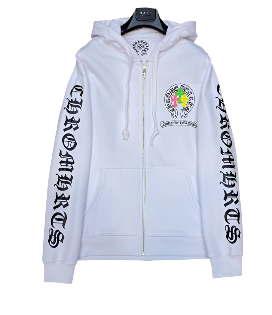 Chrome Hearts 3 Crosses White and Black Zipper Up Hoodie