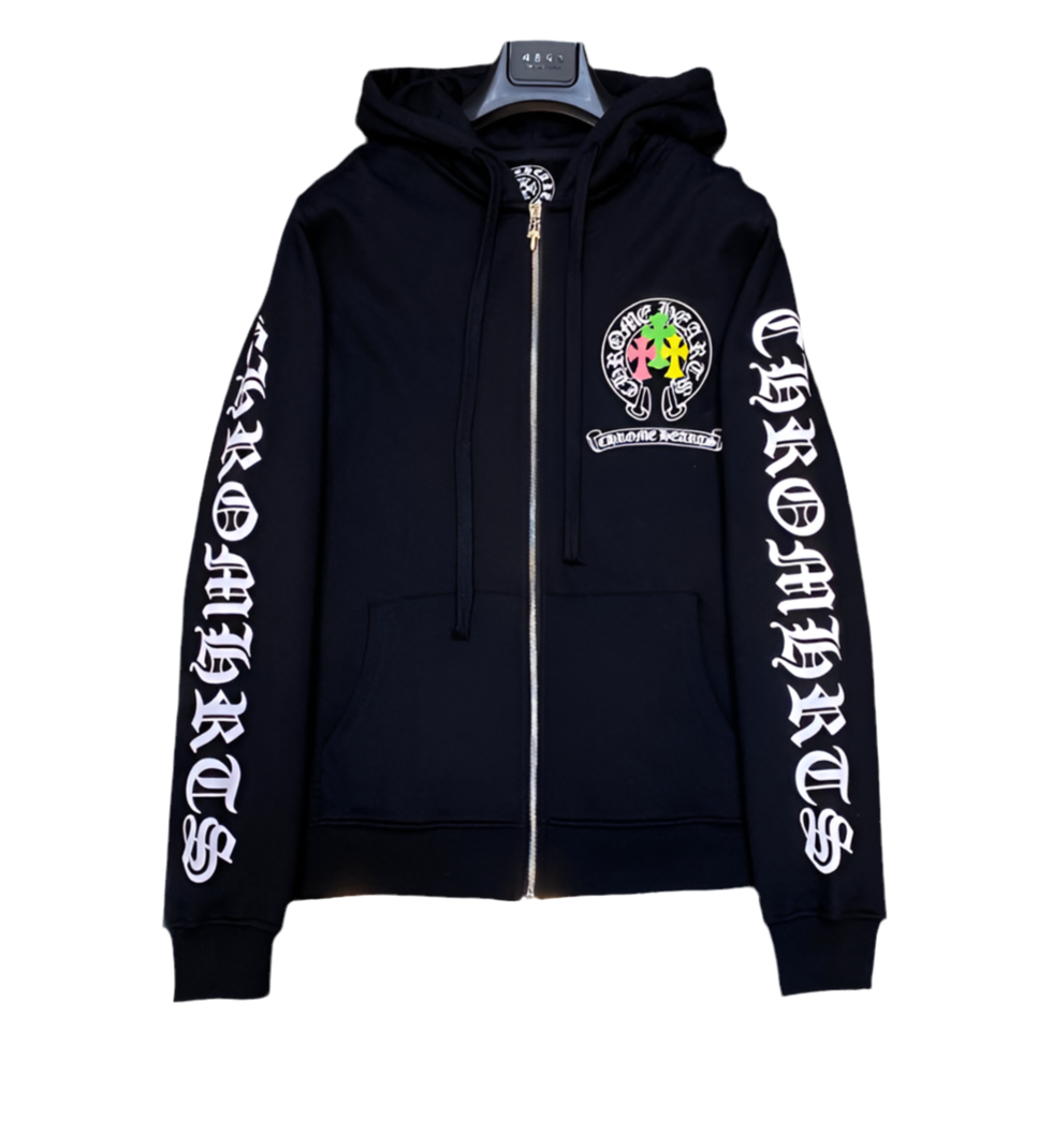 Chrome Hearts 3 Crosses White and Black Zipper Up Hoodie