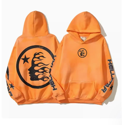 Hell Star Orange Pullover Hoodie With Skull featurued on back