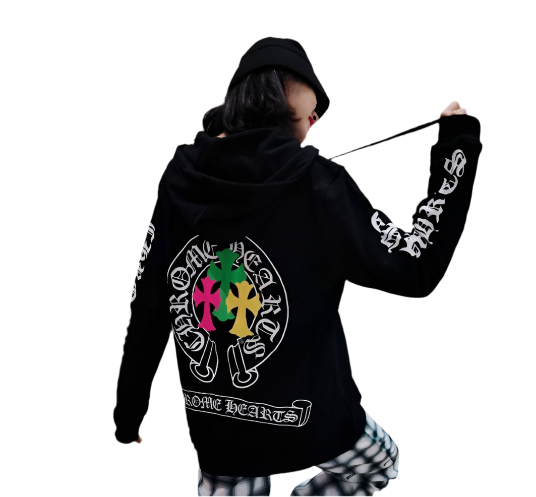 Chrome Hearts 3 Crosses White and Black Zipper Up Hoodie