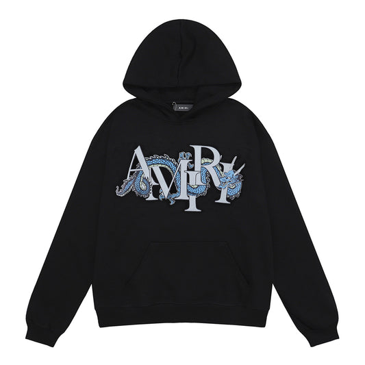 New AMIRI Blue Dragon Pullover Black Hoodie