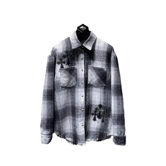 New Chrome Hearts Leather embroidered loose vintage long sleeve men's and women's wash plaid shirt