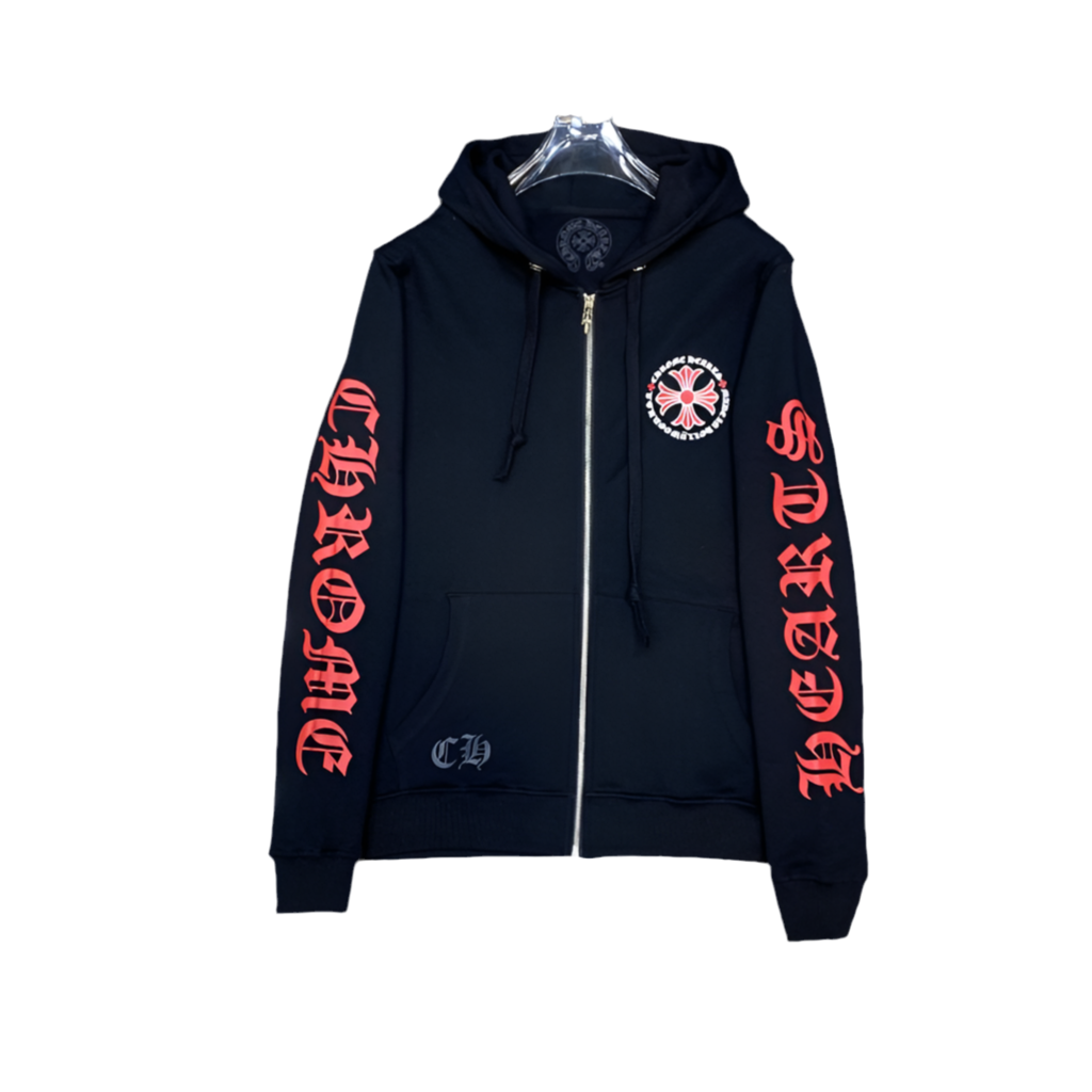 Chrome Hearts Red Cross Sanskrit letters flower arms horseshoe zipper hoodie