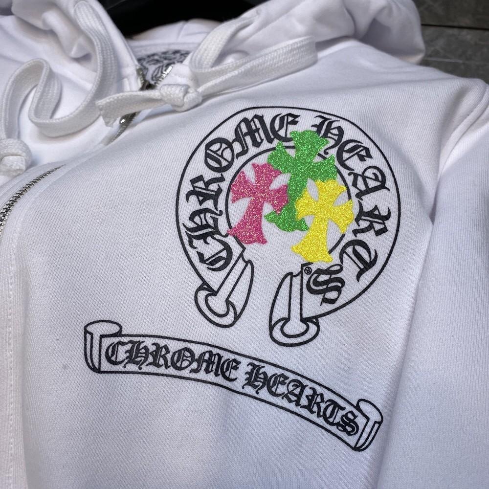 Chrome Hearts 3 Crosses White and Black Zipper Up Hoodie